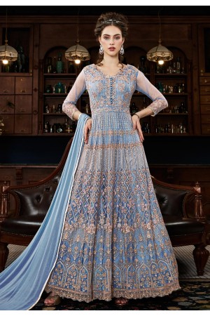 Light blue net embroidered ankle length anarkali suit  4537